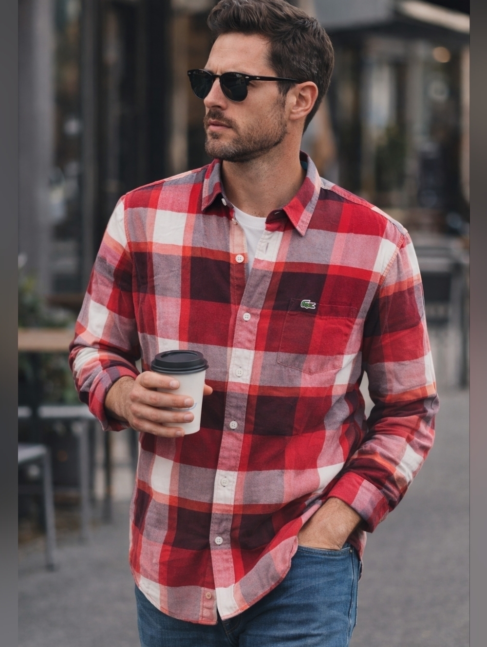 Lacoste Red Plaid Button Down Shirt Mens Medium Regular Fit Cotton Logo